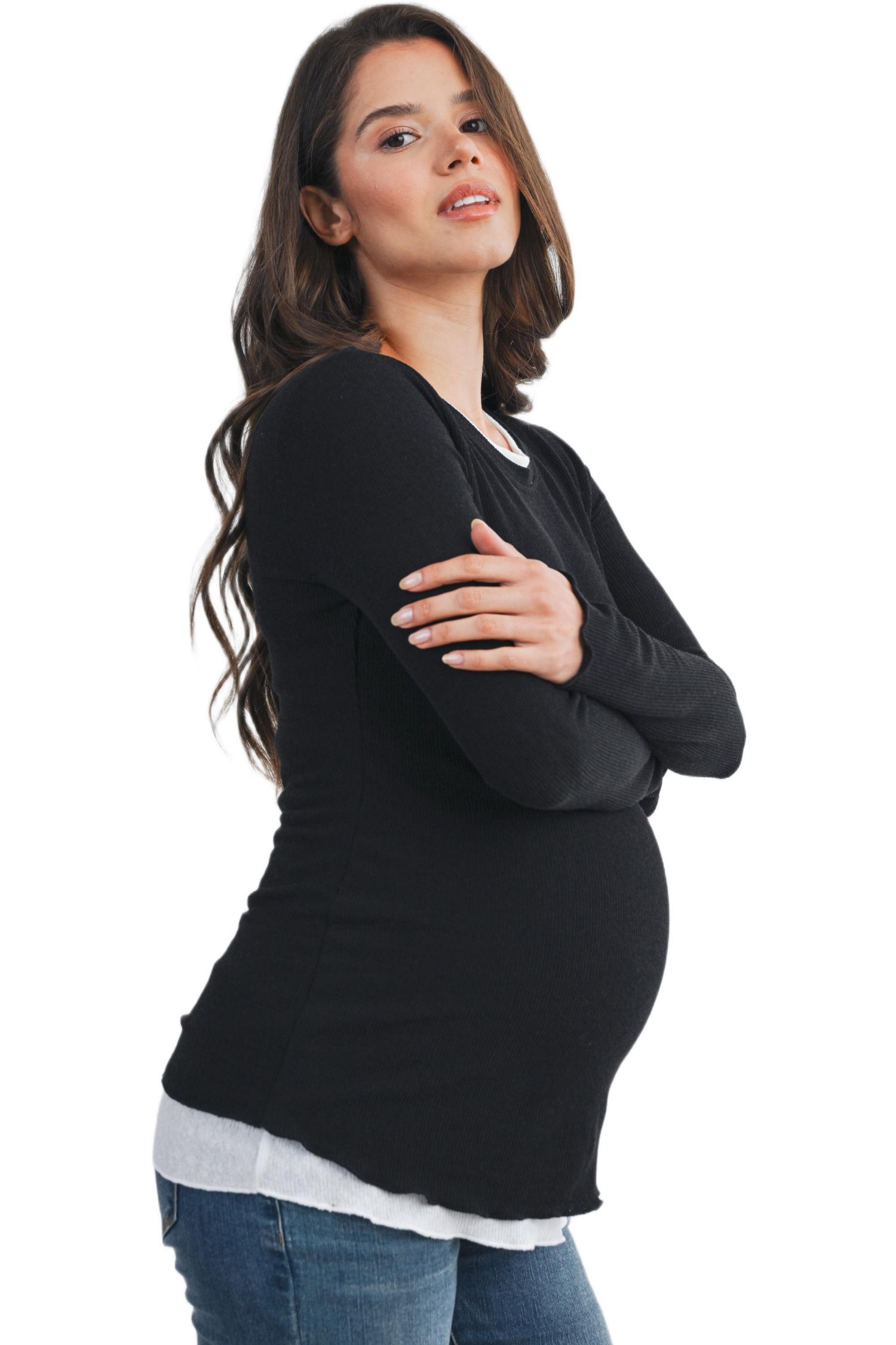Maternity Ribbed Layer Contrast Long Sleeve Top