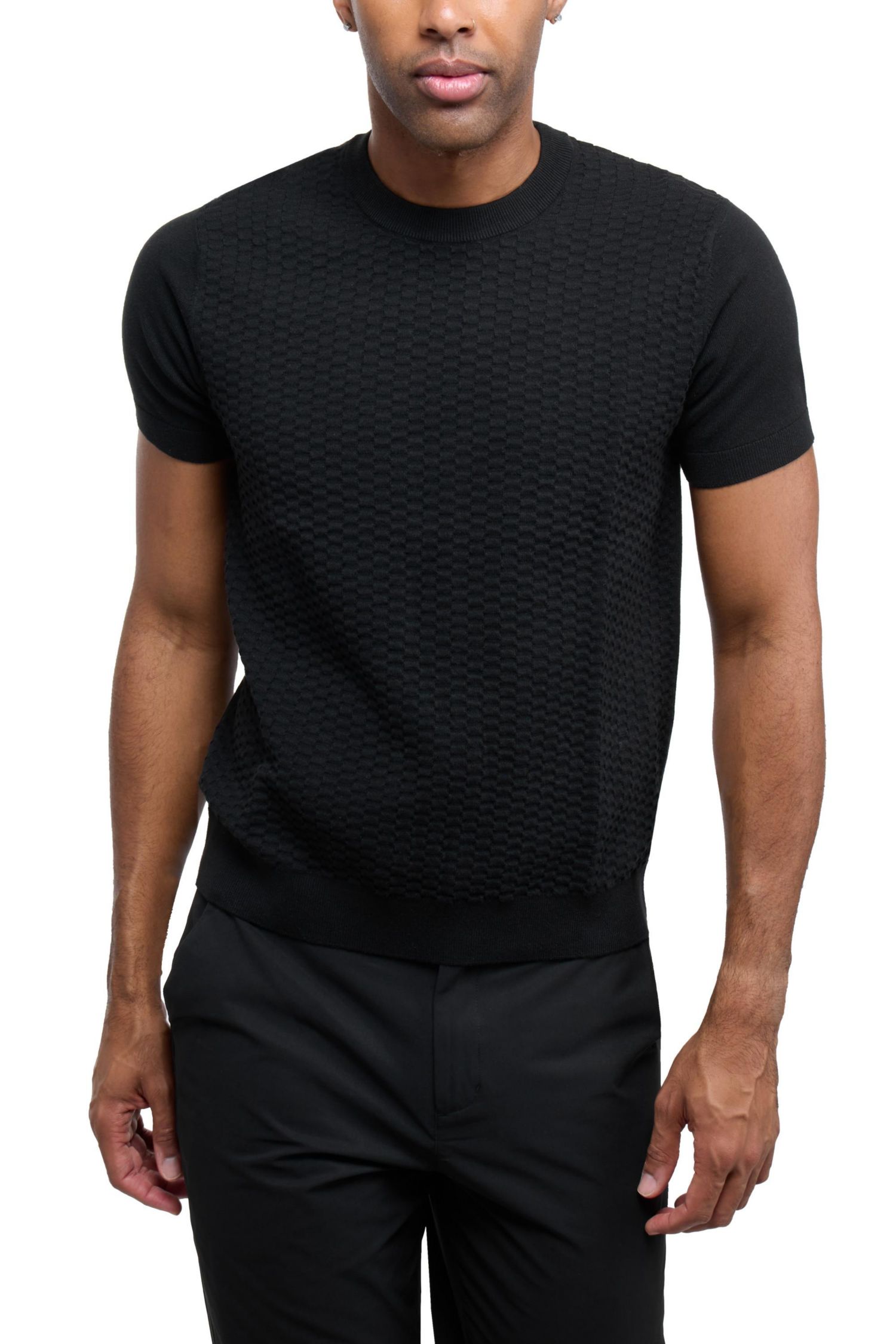 X RAY Men's Crew Rib Neck Checkered Sweater