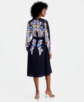 Women's Spllit-Neck Belted A-Line Dress