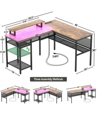 55.5'' Reversible L-shaped Desk with Power Outlets and RGB LED Lights, Computer Table with CPU Stand and Monitor Stand