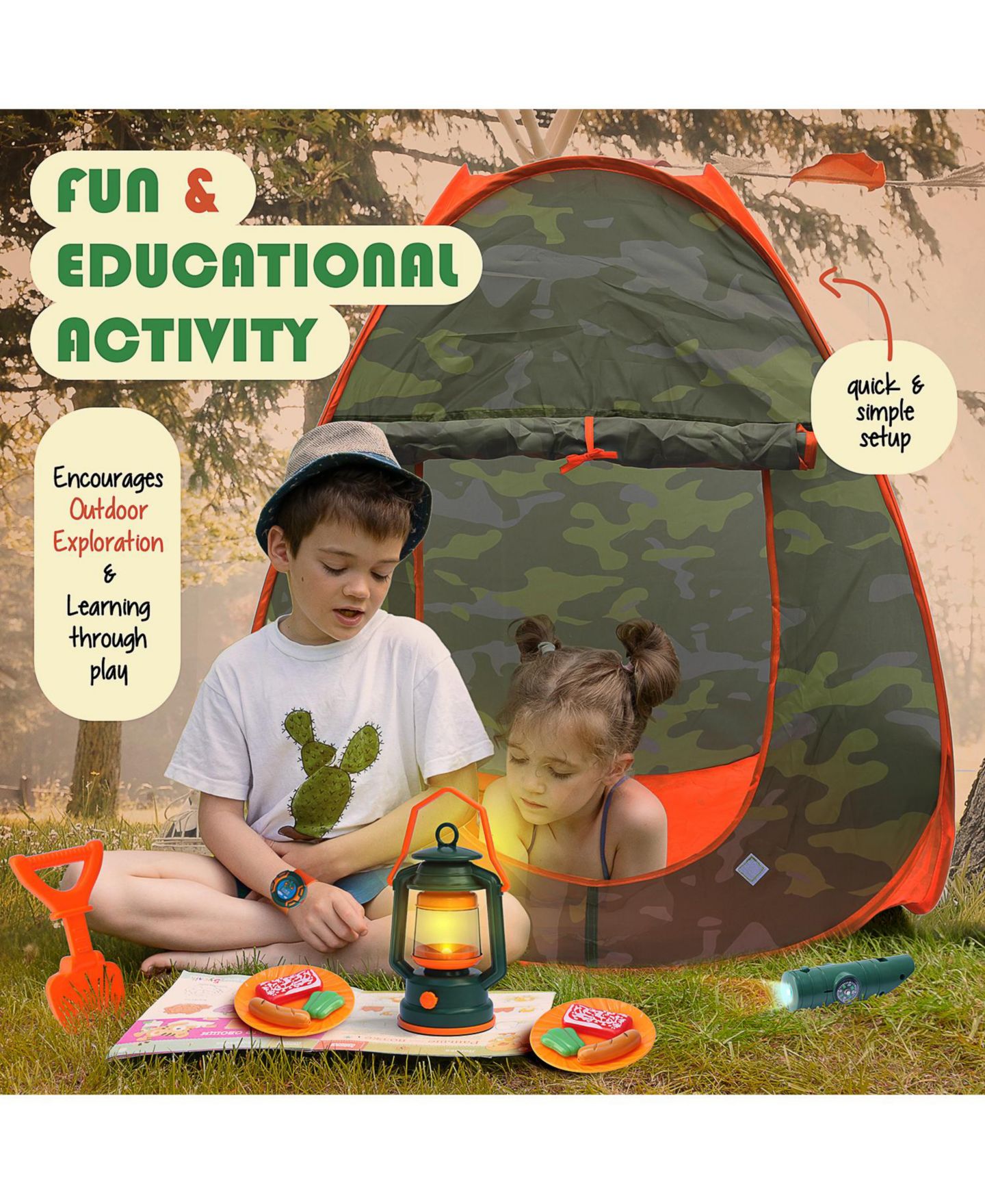 Детские игрушки Clara Clark Camping Pop-Up Tent Light-Up 17-Piece Play Set, Ages 3+, цвет: Зелёный / Оранжевый — фото 2