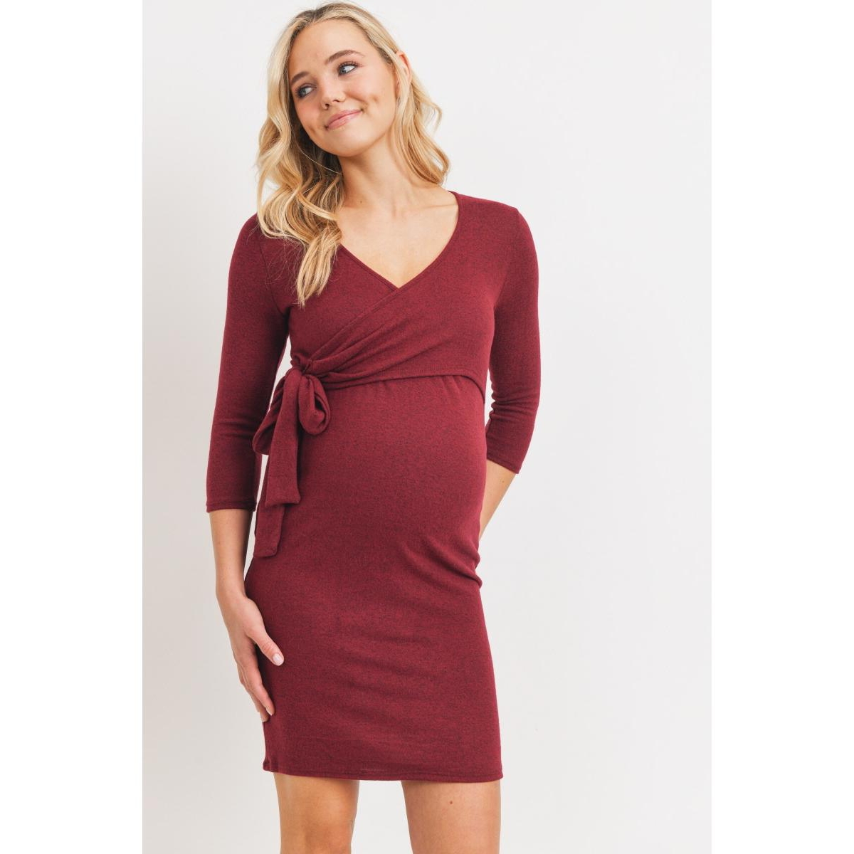 Hello Miz Maternity V Neck Wrap 3/4 Sleeve Nursing Dress