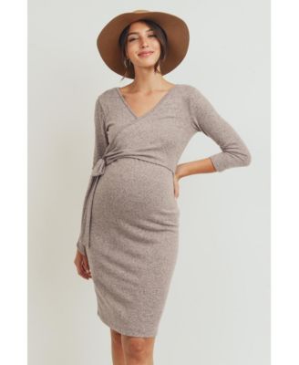 Maternity V Neck Wrap 3/4 Sleeve Nursing Dress