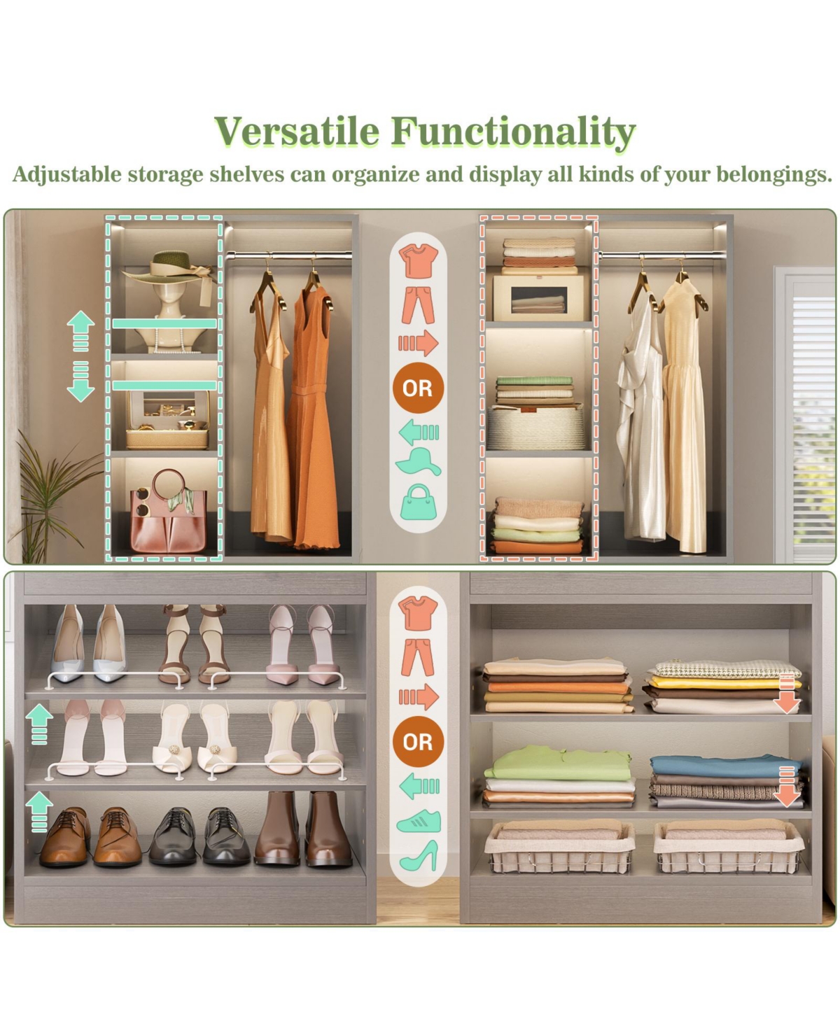 Aheaplus 28'' Freestanding Closet Storage System with 2 Drawers, Tower Hanging Rod, Shelves & Adjustable Shoe Racks