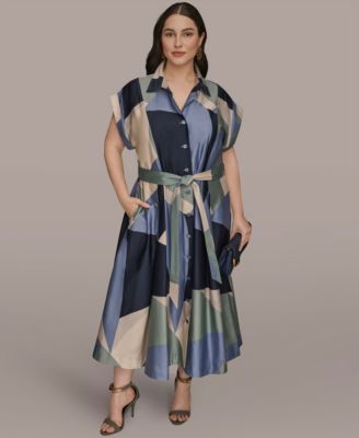 Plus Size Printed Collared Shirt Dress