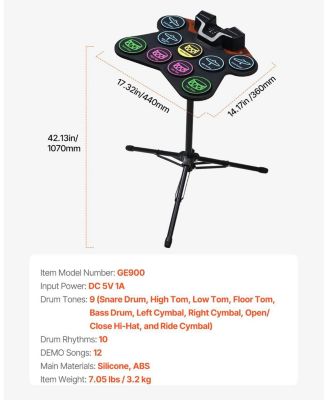 Roll-Up Electric Drum Set 9 Pads with Stand Pedals Light-Up Sticks