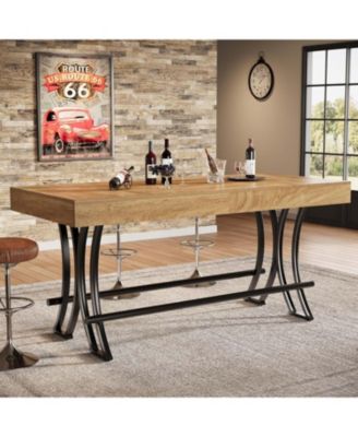 63" Counter Height Dining Table with Metal Footrest, Rectangular Tall Kitchen Bar Table, Natural