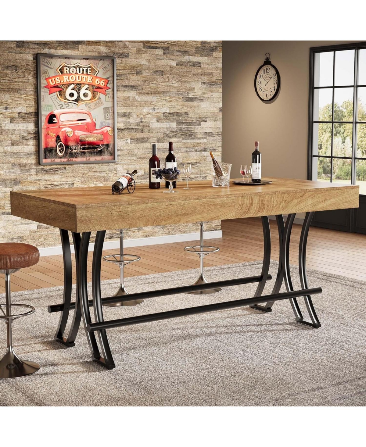 Tribesigns 63" Counter Height Dining Table with Metal Footrest, Rectangular Tall Kitchen Bar Table, Natural