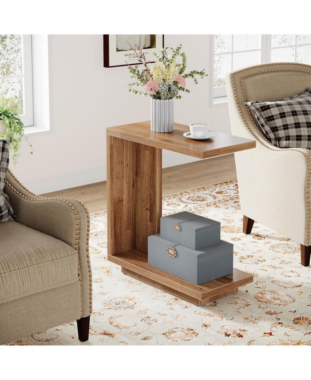 Tribesigns C-Shaped Side Table, 2-Tier Narrow End Table with Sturdy Pedestal, Wood Bedside Nightstand, Industrial Sofa Brown, 2PCS