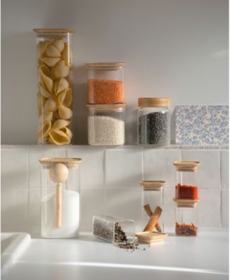 Square Glass Bamboo Canisters for Spice Herbs, Set of 4