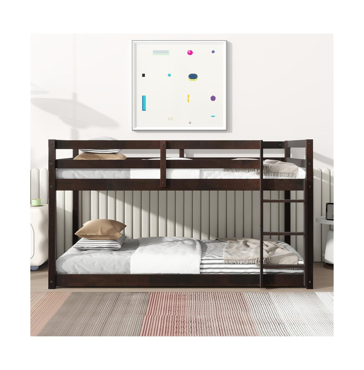 Cesicia Bunk Bed with Ladder Solid Rubber Wood Floor Storage & Guardrails