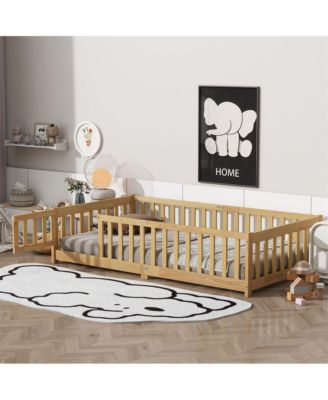 Twin Size Floor Bed with Safety Fence & Door Rubber Wood Kids Bed for Compact Rooms