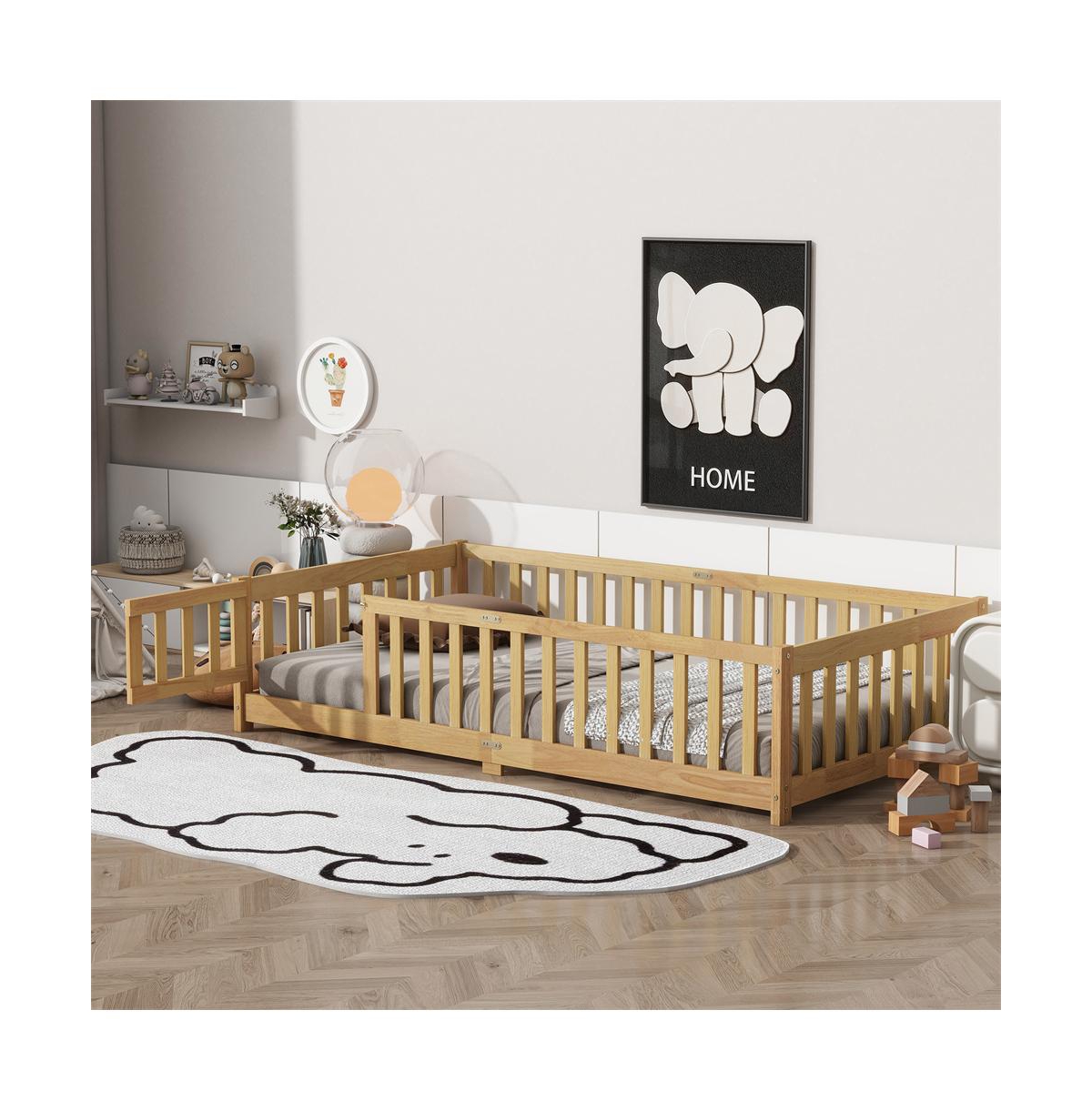 Cesicia Twin Floor Bed with Safety Fence & Door Rubber Wood Kids for Compact Rooms