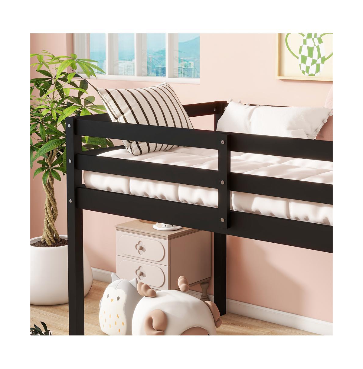 Cesicia Twin Loft Bed with Ladder Rubber Wood Platform Storage Space & Guardrails