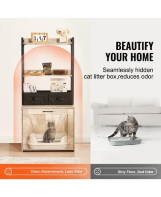 Wooden Litter Box Enclosure with Storage Shelves & Baskets, Natural