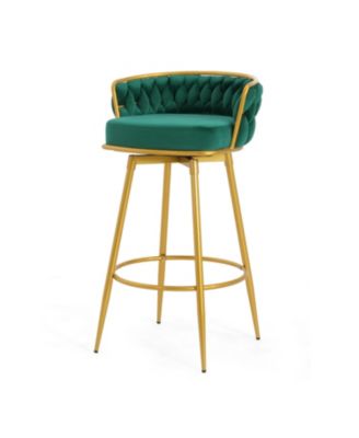 Streamdale Green Swivel Counter Height Bar Stools (Set of 2) with Hand-Woven Backrest & Gold Legs