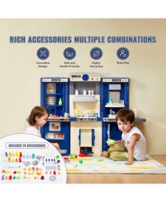 3-in-1 Kids Kitchen Playset with 74 PC Accessories & Realistic Sounds, Blue