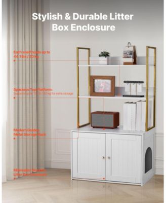 Wooden Litter Box Enclosure with 2-Tier Shelves & Metal Legs, 27.6"