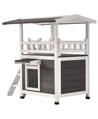30" 2-Story Wooden Outdoor Cat House with Balcony & Stairs