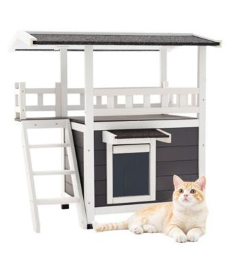 30" 2-Story Wooden Outdoor Cat House with Balcony & Stairs