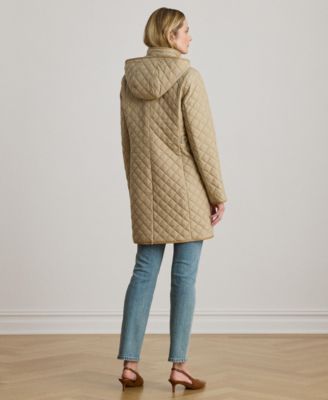 Womens Hooded Quilted Faux-Suede-Trim Coat