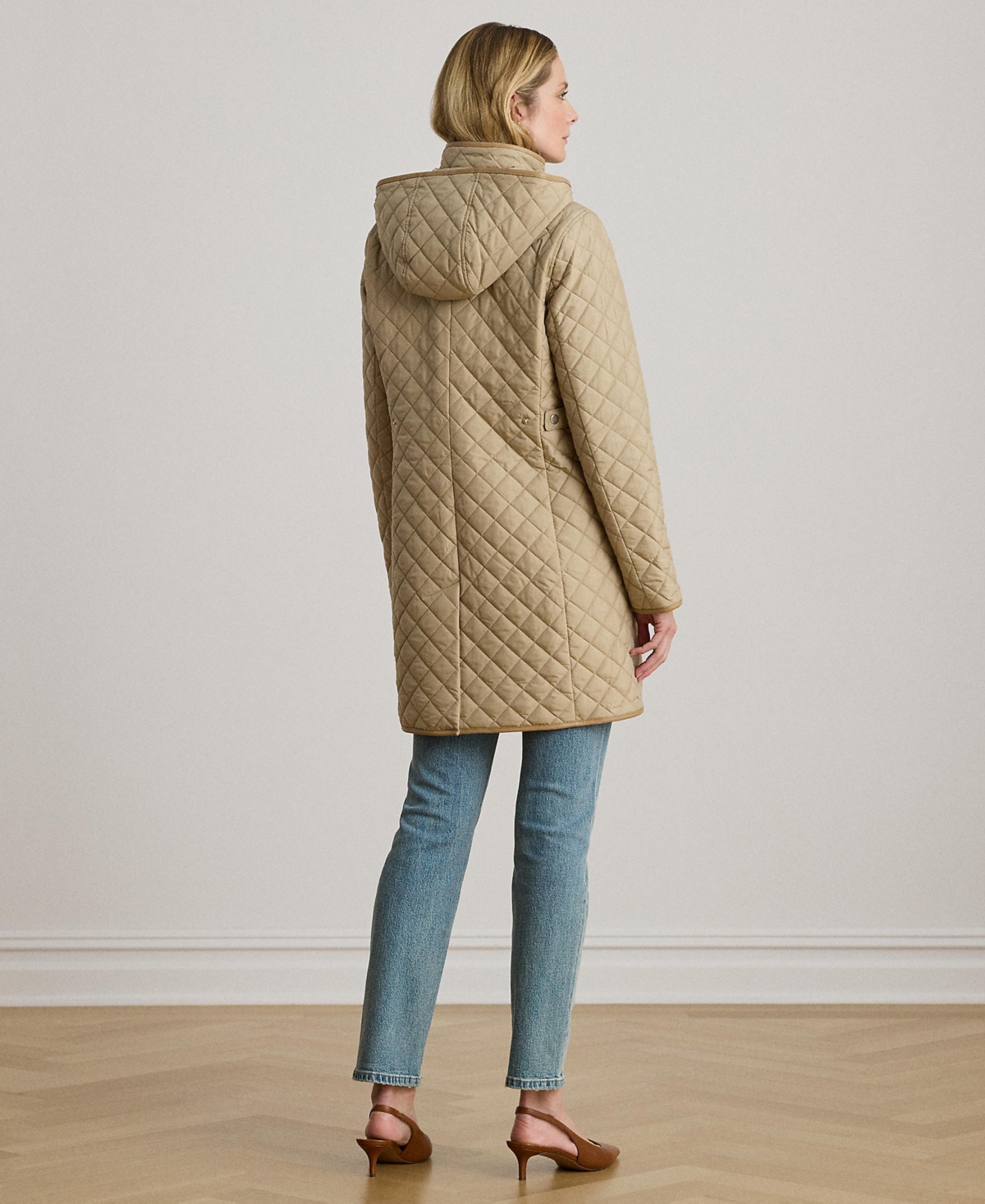 Lauren Ralph Womens Hooded Quilted Faux-Suede-Trim Coat