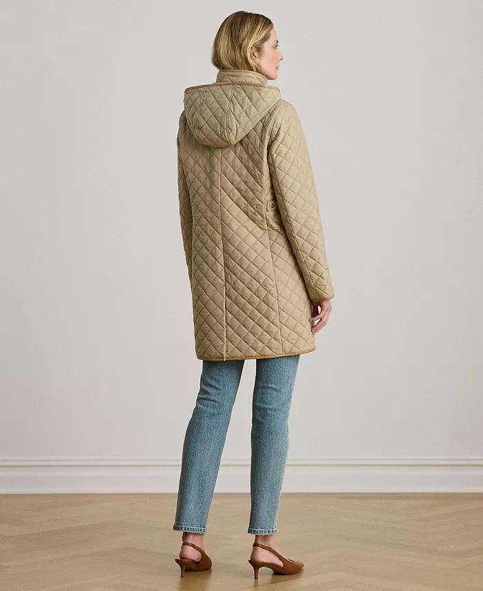 Womens Hooded Quilted Faux-Suede-Trim Coat - thumbnail 4