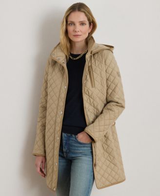 Womens Hooded Quilted Faux-Suede-Trim Coat