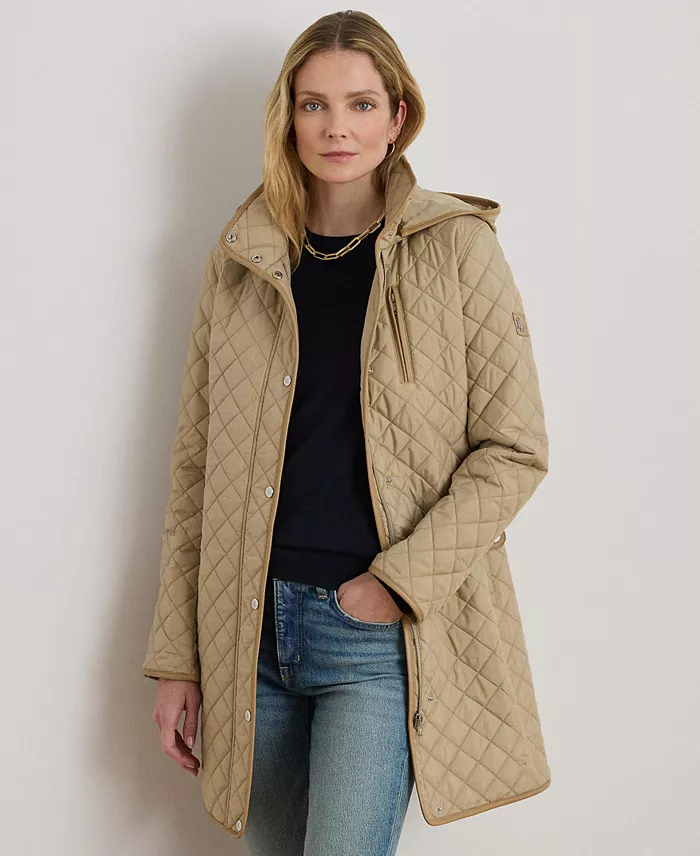 Womens Hooded Quilted Faux-Suede-Trim Coat - thumbnail 10