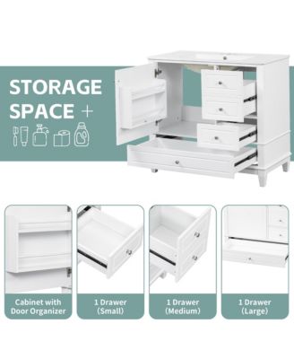 36 in. Freestanding Bathroom Vanity Cabinet with Ceramic Sink, MDF and Solid Wood Base, 3 Drawers and Shelves, 4 in. Faucet Holes