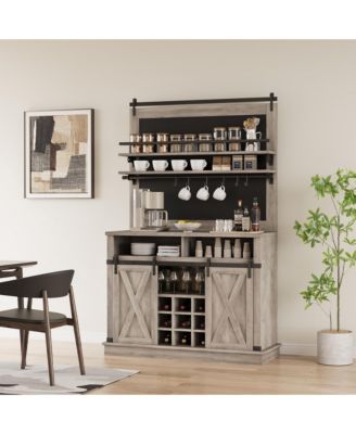 75 Inch Farmhouse Coffee Bar Cabinet with Sliding Barn Doors, Storage Buffet Sideboard with Adjustable Shelves