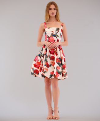 Women's Basque Waist Printed Square Neck Short Dress