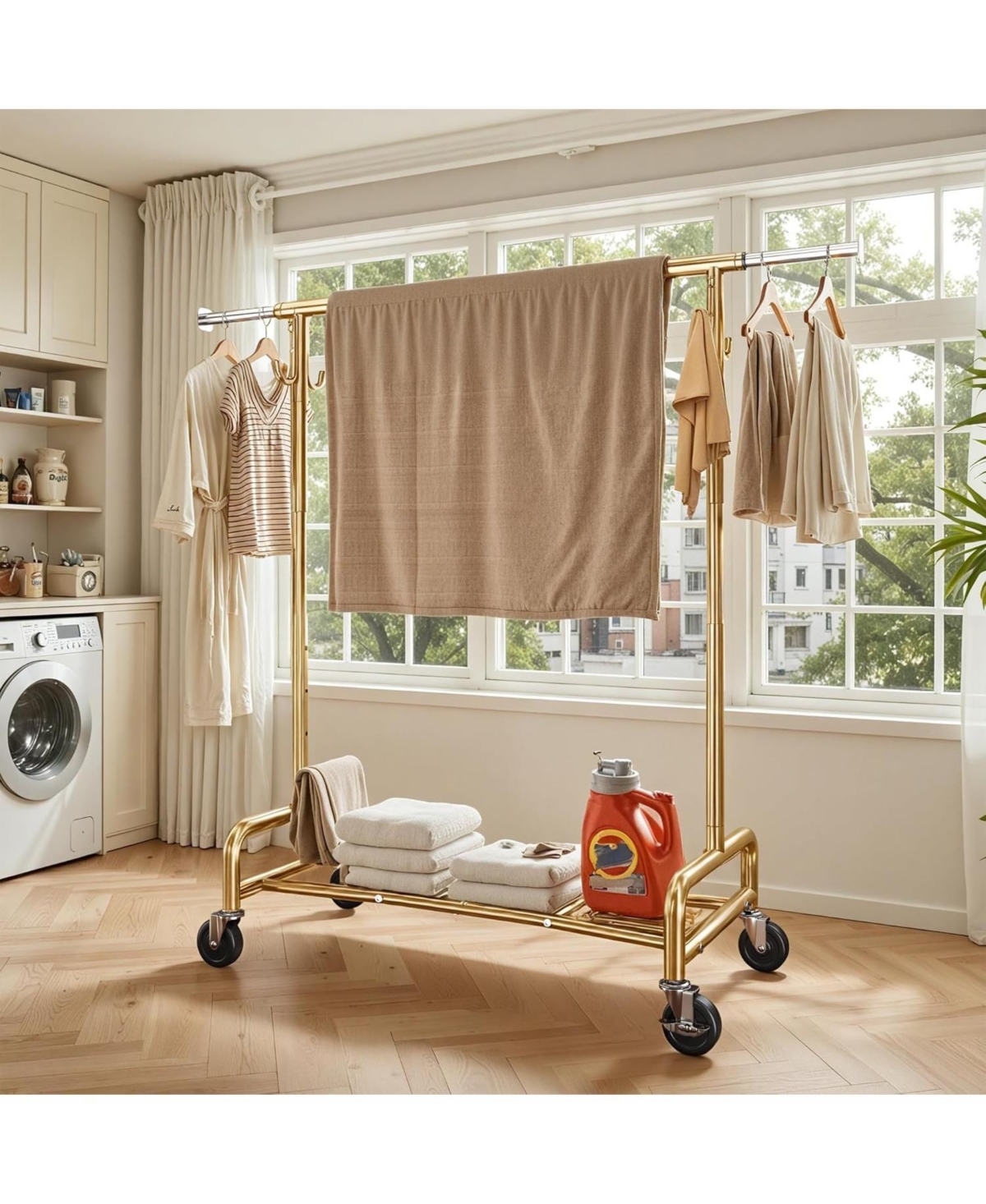 Raybee 75" W Heavy Duty Clothes Rack Load 450 Lbs, Metal Garment Storage with Shelf, Lockable Wheels & Anti-Slip Stoppers, Rolling Clothing Rack