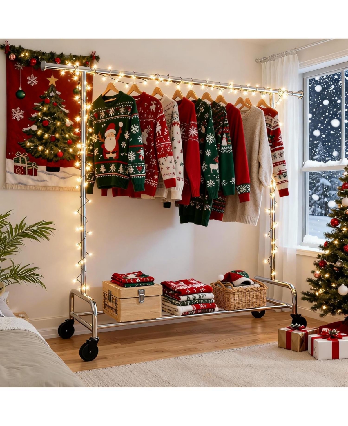 Raybee 75" W Heavy Duty Clothes Rack Load 450 Lbs, Metal Garment Storage with Shelf, Lockable Wheels & Anti-Slip Stoppers, Rolling Clothing Rack