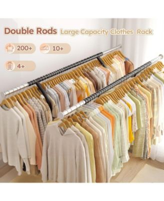 74" W Heavy Duty Clothes Rack, Double Rods Clothing Rack Load 630 LBS, Rolling Clothes Racks，Garment Rack with shelves