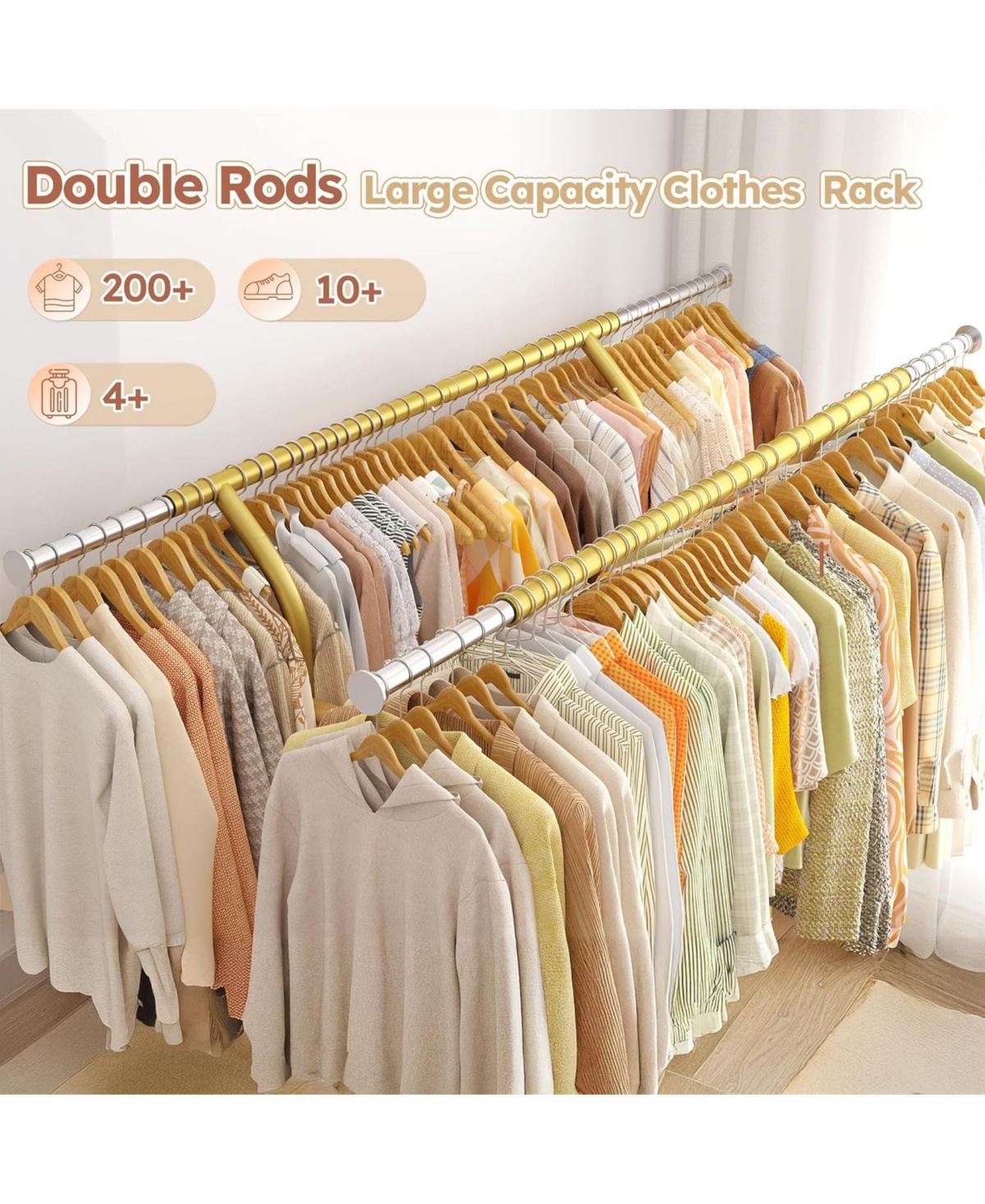 Raybee 74" W Heavy Duty Clothes Rack, Double Rods Gold Clothing Rack Load 630 Lbs, Rolling Clothes Racks for Hanging Clothes 400+, Garment Rack
