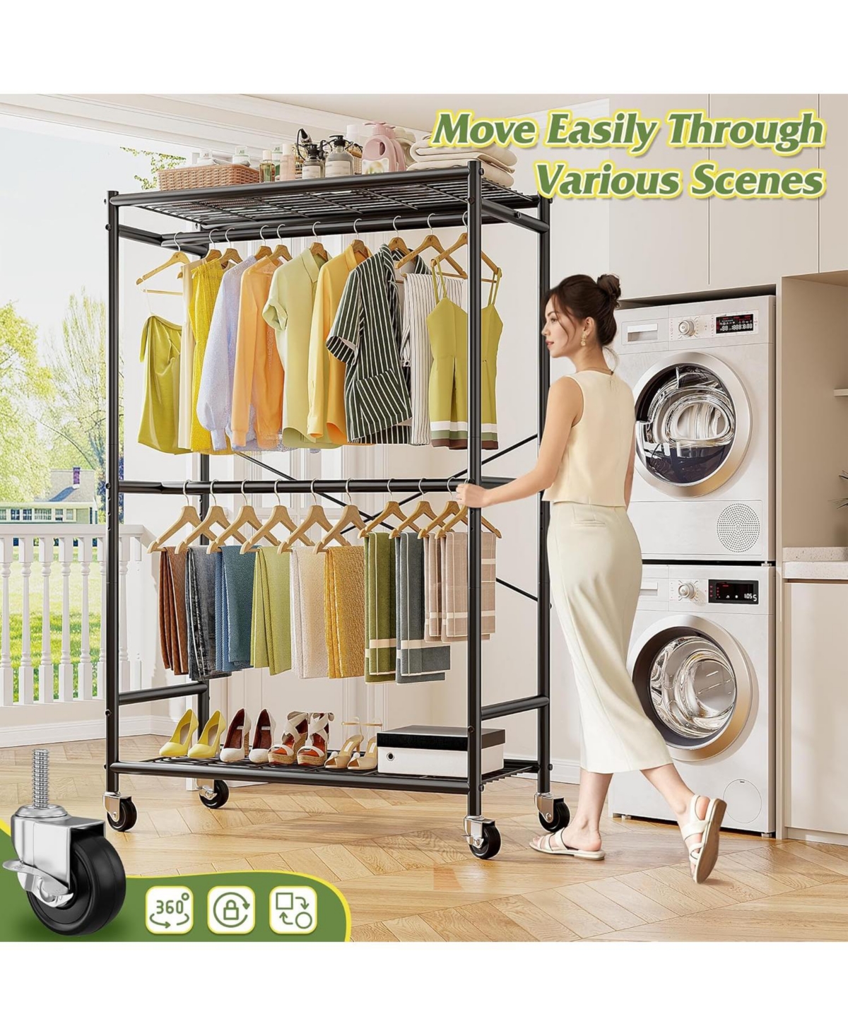 Raybee 80.32" H Clothes Rack,Rolling Clothing Racks for Hanging Clothes Heavy Duty Portable Garment Rack with Wheels