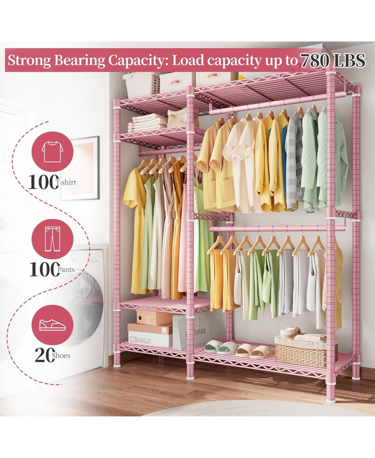 Raybee Clothes Rack Heavy Duty Loads 780LBS Clothing Racks for Hanging Clothes Adjustable Metal Portable Closet