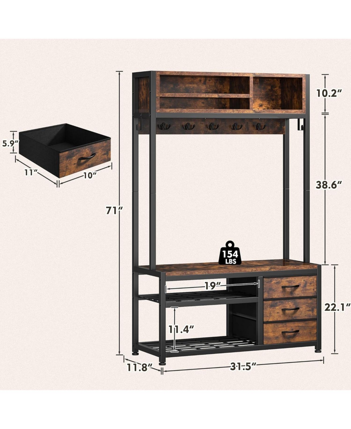 Raybee Hall Tree with Bench and Shoe Storage, Coat Rack Freestanding with 3 Fabric Drawers, Entryway Bench with Shoe Storage, Hall Tree with 12 Hooks