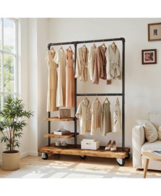 Clothes Rack, Heavy Duty Clothing Rack, Industrial Pipe Clothes Rack with Shelves, Rolling Garment Rack for Bedroom, Retail Store, Rustic