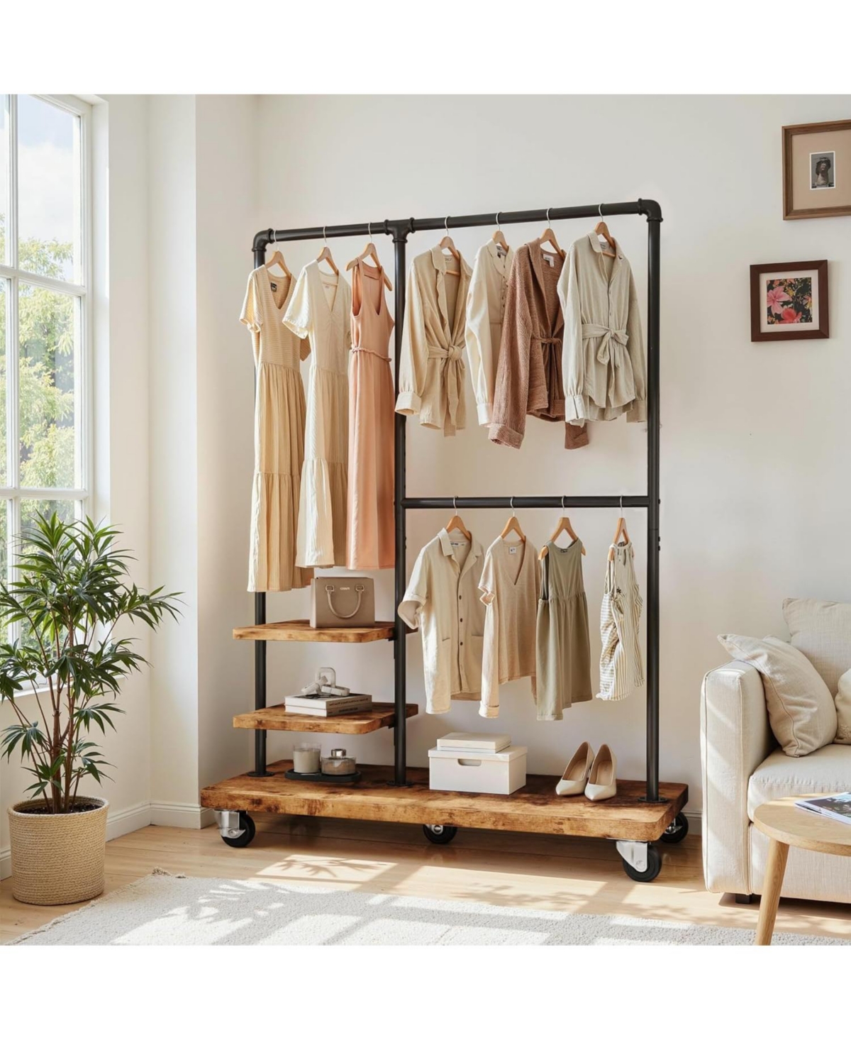 Raybee Clothes Rack, Heavy Duty Clothing Rack, Industrial Pipe Clothes Rack with Shelves, Rolling Garment Rack for Bedroom, Retail Store, Rustic