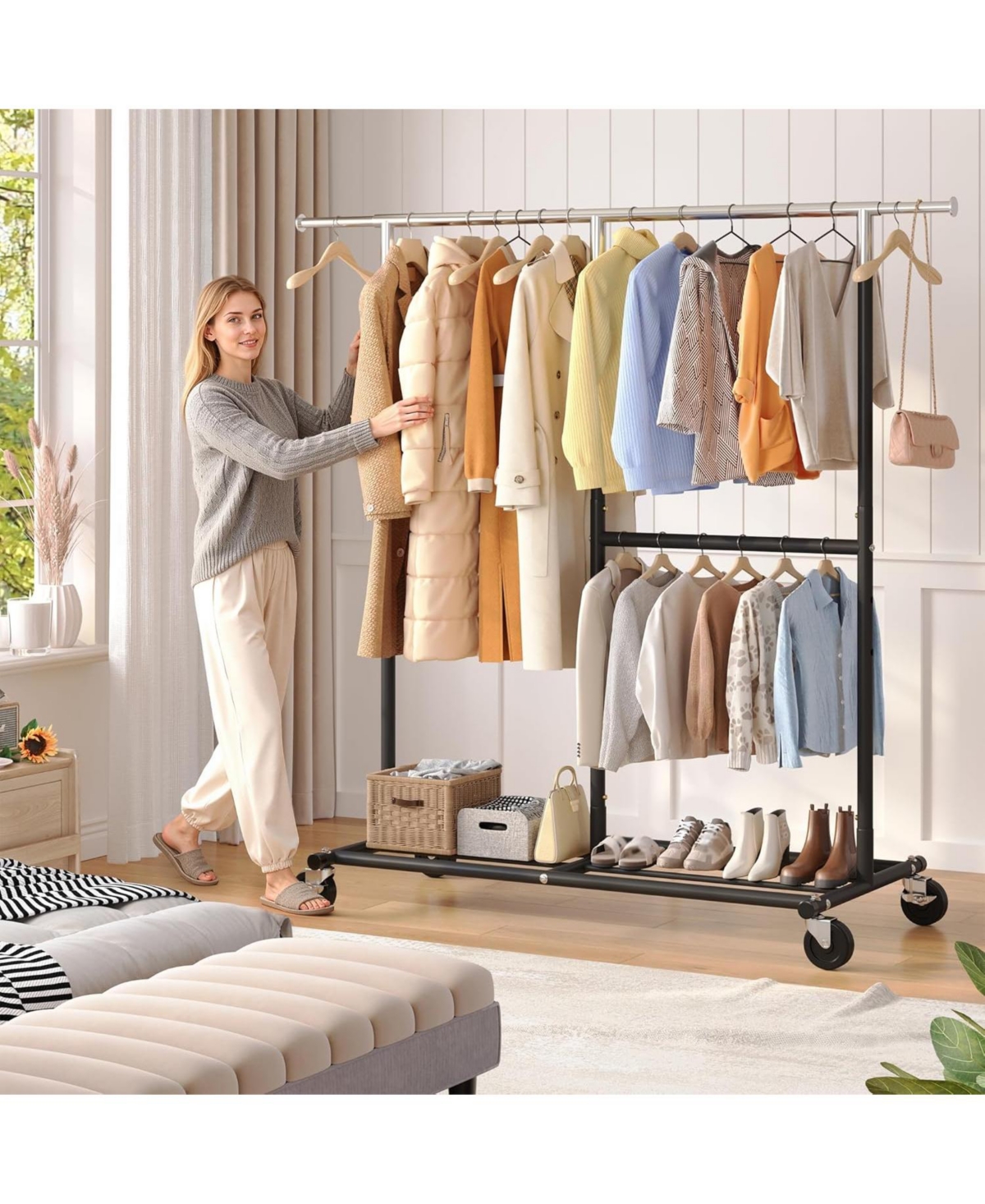 Raybee Clothes Rack Heavy Duty, Clothing Racks for Hanging Clothes 200+, Metal Clothing Rack with Wheels, Rolling Commercial Garment Rack Portable
