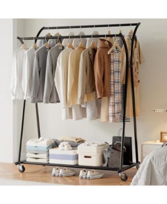 Heavy Duty Clothes Racks for Hanging Clothes, Clothing Rack with Wheels Load 360LBS, Portable Double Rod Garment Racks for Closet, Bedroom