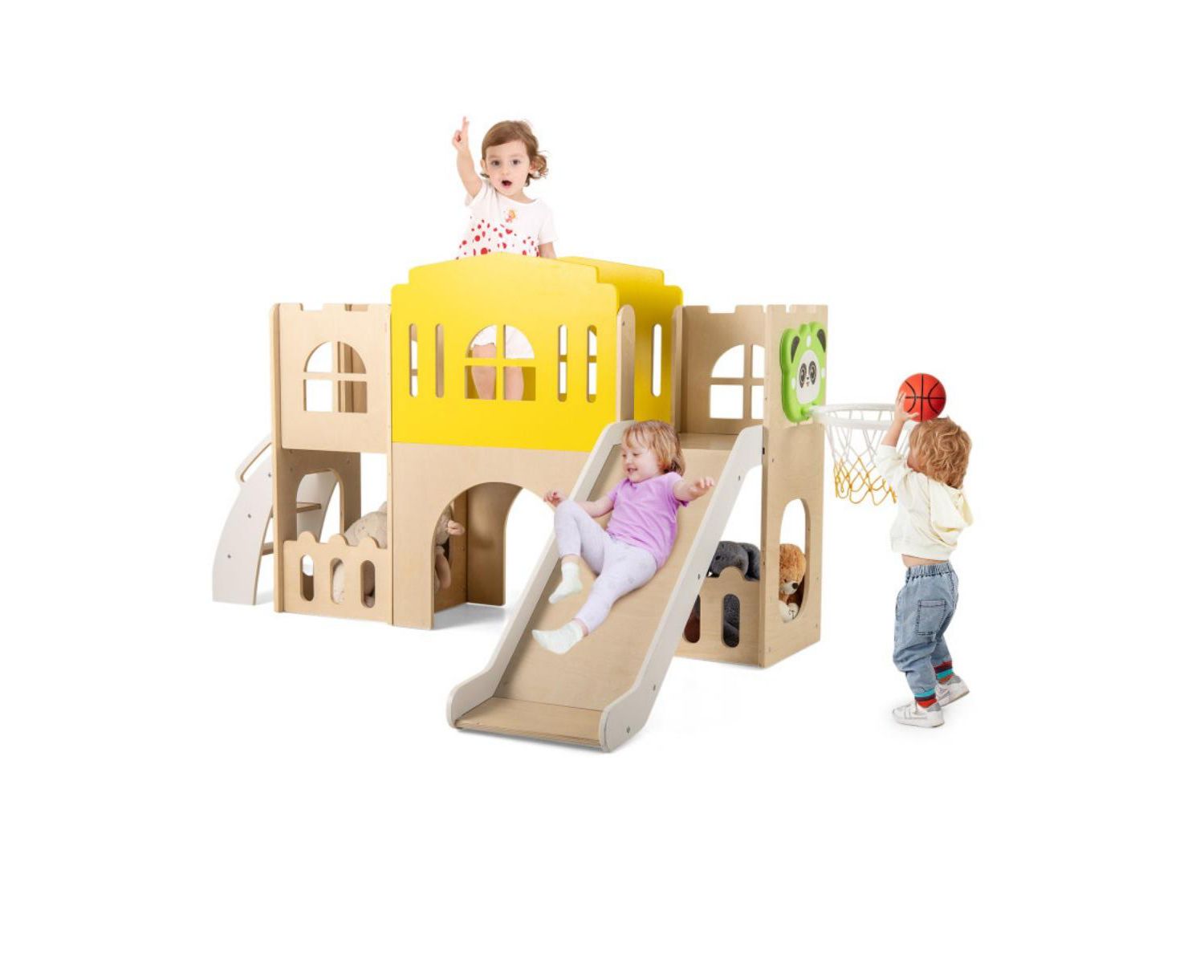 7-in-1 Wooden Slide and Climber Set with Basketball Hoop