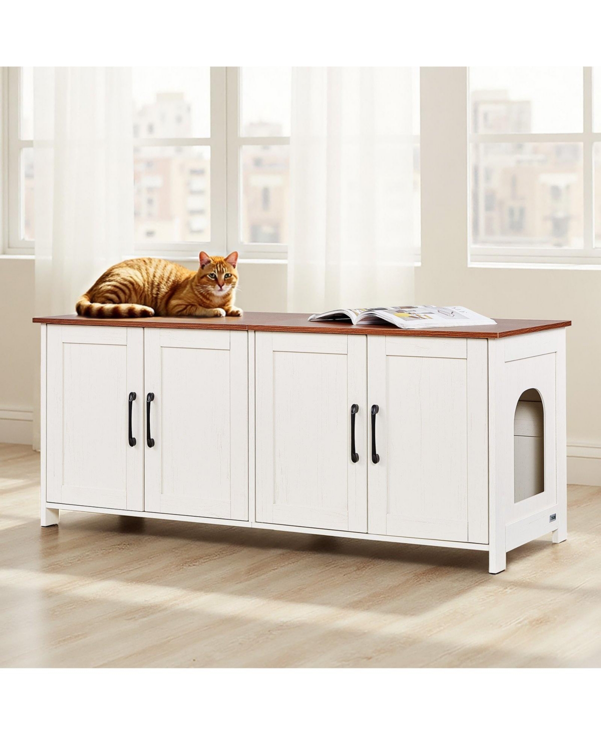 Cozito 4-Door Wooden Litter Box Enclosure for Multi-Cats, 47.2", Brown & White