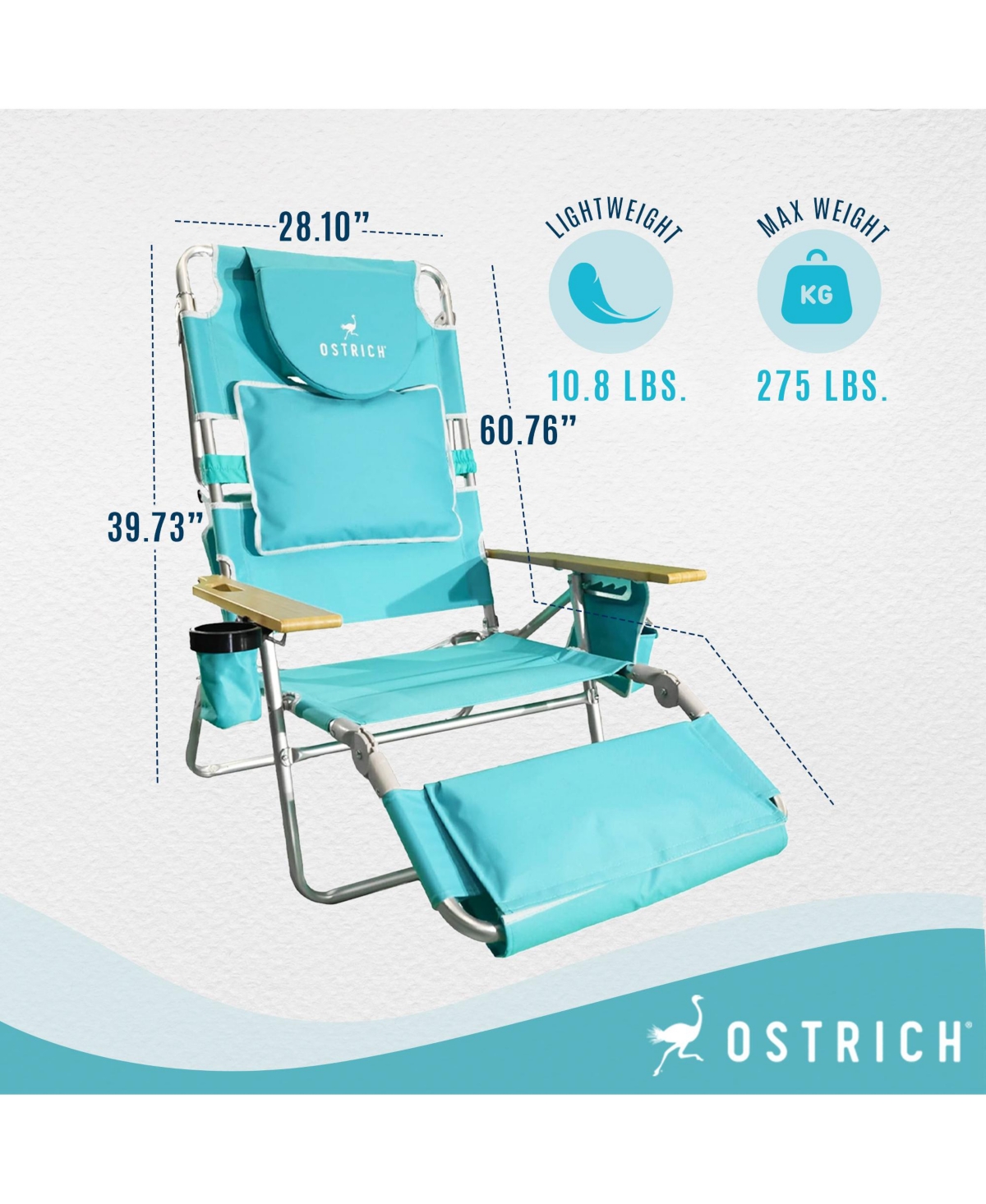 Ostrich Deluxe 3N1 Lightweight Outdoor Beach Lounge Chair w/Footrest, Aqua