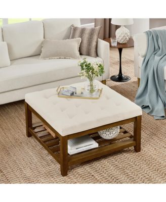 Ivory Upholstered Square Ottoman Coffee Table with Tufted Linen and Beech Wood Shelf
