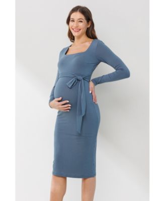 Maternity Tie Waist Square Neck Long Sleeve Dress