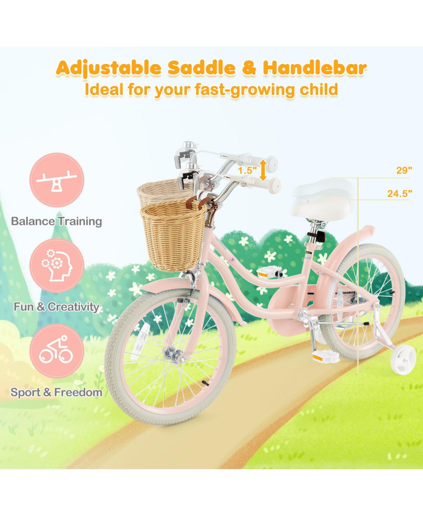 Детская игрушка SUGIFT 18-Inch Kids Bike with Adjustable Seat and Training Wheels, Ages 5-10, цвет: Розовый — фото 4