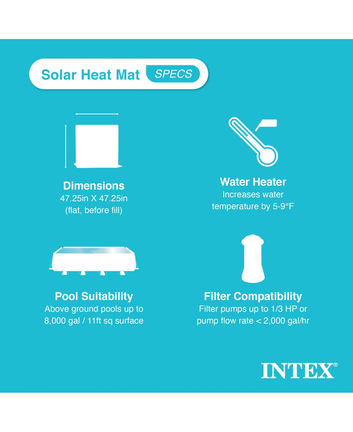 Intex Solar Water Heater Mat for 8,000 Gallon Above Ground Swimming Pool, Black